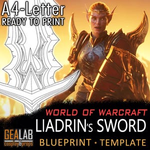 Puede incluir: Un modelo de plano para la espada de Liadrin de World of Warcraft, listo para imprimir en papel A4-Letter. La imagen presenta un dibujo lineal detallado del diseño de la espada, con el texto "READY TO PRINT" en la parte superior. La imagen también incluye un personaje del juego.