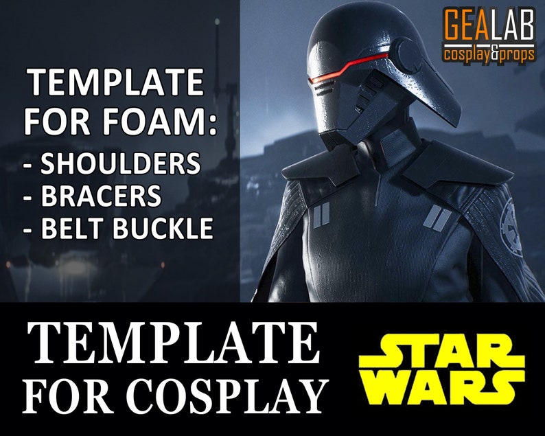K&ouml;nnte beinhalten: Eine schwarze und graue Star Wars Cosplay-Vorlage f&uuml;r Schaumstoff. Die Vorlage enth&auml;lt Anweisungen f&uuml;r die Herstellung von Schultern, Armst&uuml;cken und einer G&uuml;rtelschnalle.