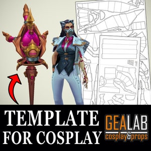 May include: A detailed image featuring a cosplay template and a character model. The template includes paper cutouts for crafting. The character model is wearing a white outfit with a mask and armor. A staff with pink and gold accents is also shown.