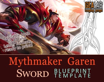 May include: A printable blueprint template for a sword from the video game Mobile Legends: Bang Bang. The sword is a detailed design with intricate details. The template is available in A4 and Letter formats.