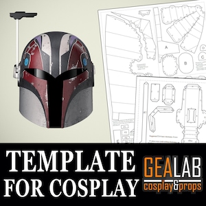 Può includere: Un modello stampabile per un elmetto mandaloriano, con un design in bianco e nero con accenti rossi e blu. Il modello è etichettato "GEALAB cosplay & props" ed è progettato per il cosplay.