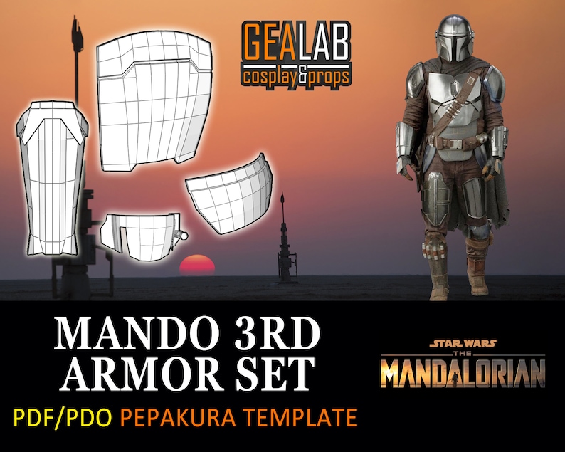 Pu&ograve; includere: Un modello digitale per costruire un set di armature di Mandalorian dalla serie Star Wars The Mandalorian. Il modello &egrave; in formato PDF/PDO ed &egrave; destinato all'uso con il software Pepakura. L'immagine mostra un modello 3D del set di armature, insieme al testo "MANDO 3RD ARMOR SET" e "PDF/PDO PEPAKURA TEMPLATE".