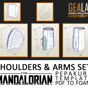Könnte beinhalten: Ein Satz druckbarer Vorlagen zum Erstellen der Schulter- und Armrüstung des Mandalorianers. Die Vorlagen sind so konzipiert, dass sie auf Papier gedruckt, ausgeschnitten und zusammengeklebt werden, um eine Rüstung aus Schaumstoff zu erstellen. Die Vorlagen enthalten detaillierte Anweisungen und Maße.