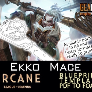 Op de afbeelding: Een zwart-witte blauwdruk sjabloon voor een wapen genaamd Ekko's Mace uit de show Arcane, gebaseerd op de League of Legends videogame. De sjabloon is beschikbaar in A4 en Letter formaten en is klaar om te printen voor het maken.