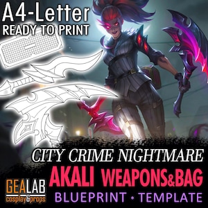 Akali Weapons - Kama, Kunai and Bag - LoL City Crime Nightmare - Blueprint for Cosplay (League of Legends) PDF template to EVA foam - Worbla
