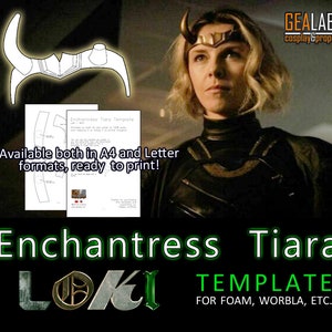 May include: A printable template for a Loki Enchantress Tiara, featuring a black and white line drawing of the tiara. The template is available in A4 and Letter formats, ready to print. The text "Enchantress Tiara Template" is visible on the template. The text "LOKI" is visible in green letters with a gold circle and a gold letter K. The text "FOR FOAM, WORBLA, ETC." is visible in white letters on a black background.
