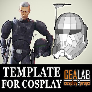 Pode incluir: Um modelo imprimível para um capacete de Clone Trooper de Star Wars, projetado para cosplay. O modelo é um desenho em preto e branco do capacete, com o texto "GEALAB cosplay & props" na parte inferior.