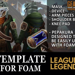 May include: A digital template for a League of Legends character costume. The template includes a mask, device, arm pieces, shoulder belt, knee pad, and a weapon. The template is designed to be easily used with foam.