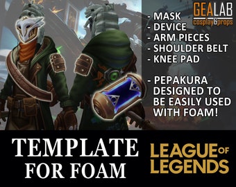 May include: A digital template for a League of Legends character costume. The template includes a mask, device, arm pieces, shoulder belt, knee pad, and a weapon. The template is designed to be easily used with foam.