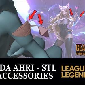 May include: A 3D printed model of a character from the video game League of Legends. The character is Ahri, from the KDA group. The model is teal and brown and is posed with a hand reaching out. The background is a purple and pink gradient with a character from the game in the background. The text "KDA AHRI - STL ACCESSORIES LEAGUE OF LEGENDS" is at the bottom of the image.