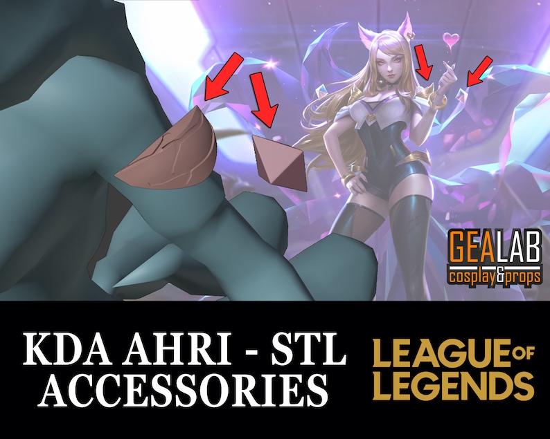 May include: A 3D printed model of a character from the video game League of Legends. The character is Ahri, from the KDA group. The model is teal and brown and is posed with a hand reaching out. The background is a purple and pink gradient with a character from the game in the background. The text "KDA AHRI - STL ACCESSORIES LEAGUE OF LEGENDS" is at the bottom of the image.
