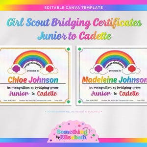 Girl Scout Bridging Certificates | Editable Canva Template | Junior to Cadette | Gold & Silver Glitter