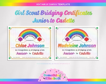 Girl Scout Bridging Certificates | Editable Canva Template | Junior to Cadette | Gold & Silver Glitter