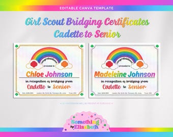 Certificados de Transición de las Girl Scouts / Plantilla editable de Canva / De Cadette a Senior / Brillo dorado y plateado