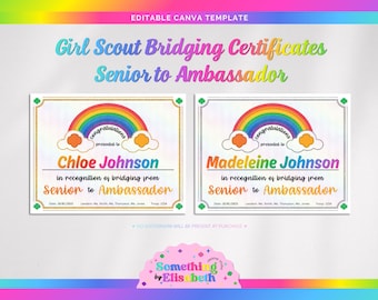 Girl Scout Bridging Certificates | Editable Canva Template | Senior to Ambassador | Gold & Silver Glitter