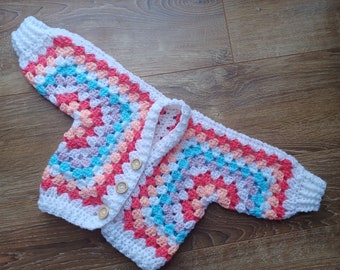 Handmade Crochet baby granny hexagon cardigan, age 3+ months, gift, outfit, baby shower, christening, jacket, coat, rainbow, pastel