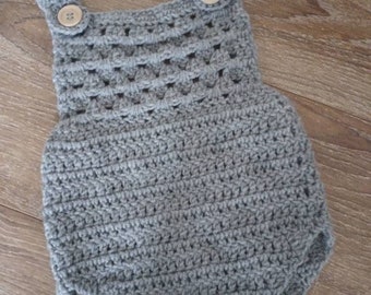 Handmade Crochet Baby Romper vintage style in grey, age 0-3 months, gift, outfit, baby shower, christening, birthday, clothing