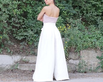 Pantaloni palazzo in lino bianco: pantaloni con gonna a gamba larga, outfit da festa