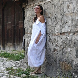 White Linen Maxi Dress: Off-Shoulder Kaftan, Sustainable Clothing