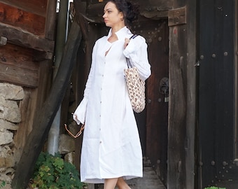 Abito camicia in lino bianco: abito camicia lungo e maxi, abbigliamento sostenibile