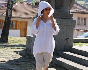 Camicia bianca in lino con cappuccio: camicetta a maniche lunghe con schiena scoperta
