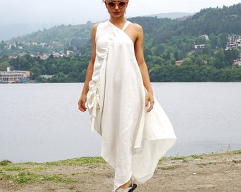 Abito lungo in lino bianco: caftano monospalla Boho Clothing