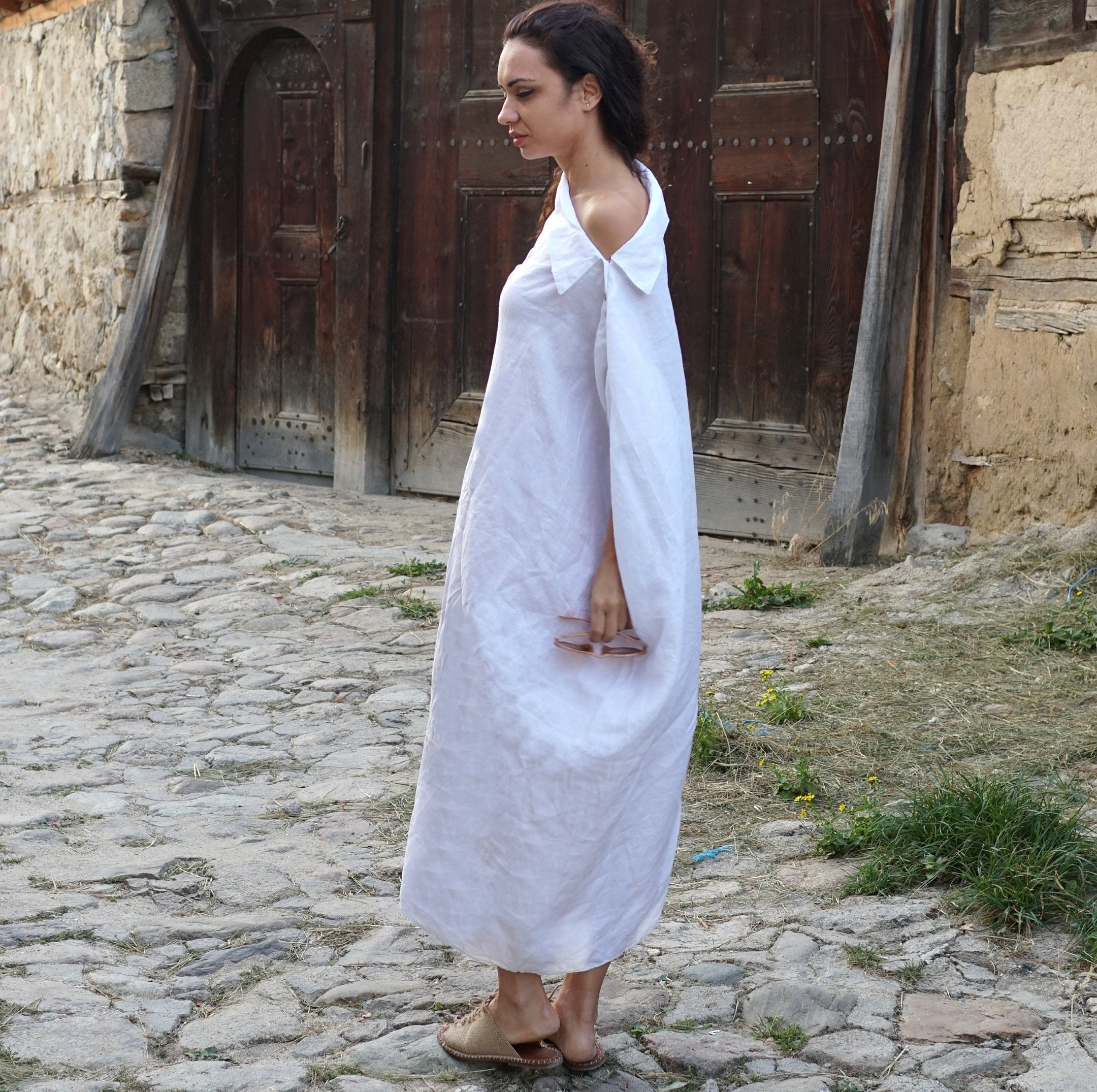 White Linen Maxi Dress: Off-shoulder Kaftan, Sustainable Clothing - Etsy White Linen Maxi Dress: Off-shoulder Kaftan, Sustainable Clothing - Etsy