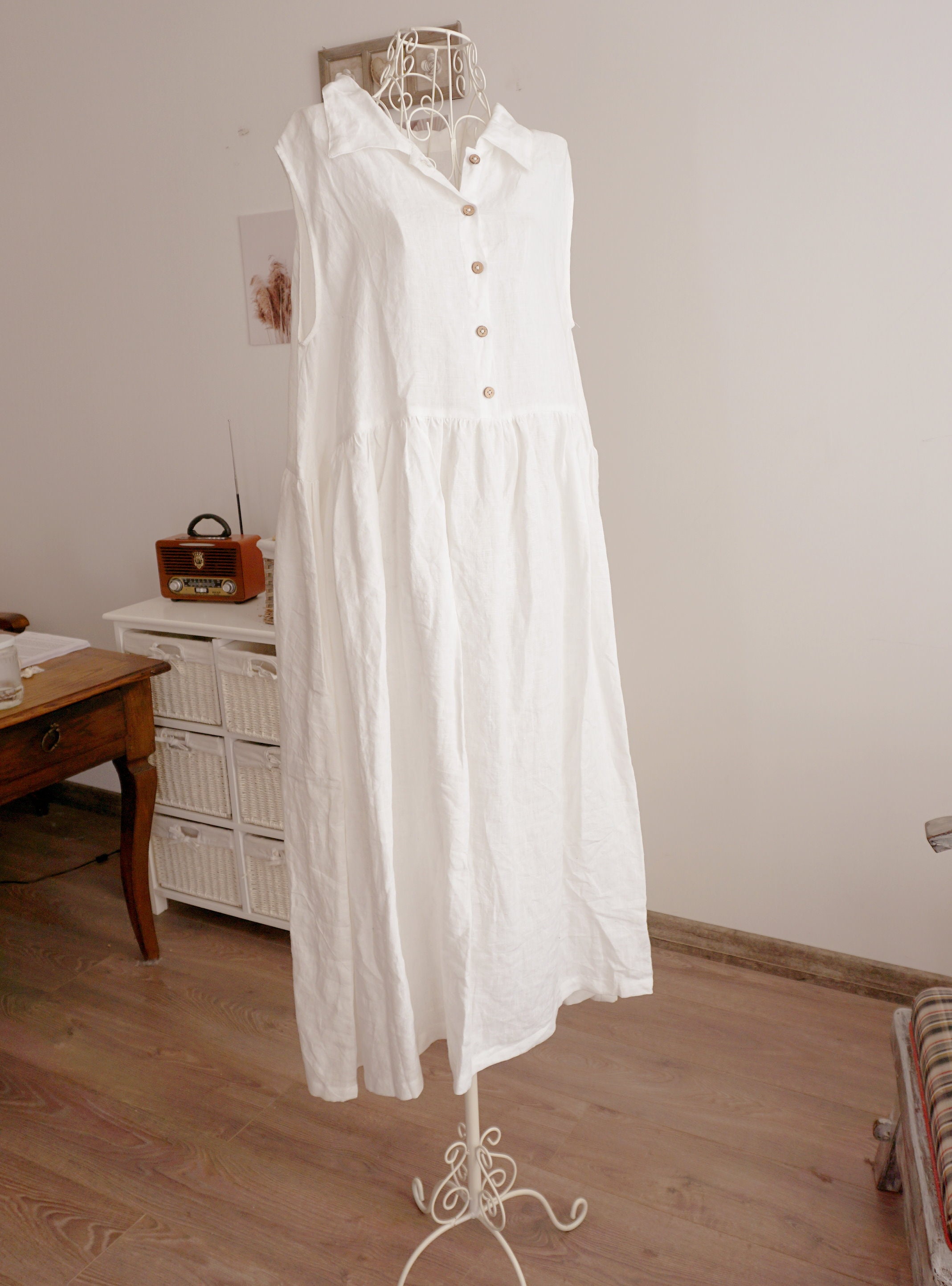 chinese dress ladies Linen Beige Midi Dress – MAMA Sleeveless