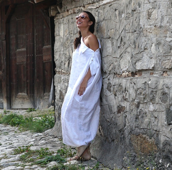 White Linen Maxi Dress: Off-Shoulder Kaftan, Sustainable Clothing