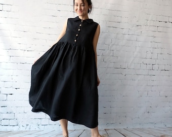 Abito lungo in lino nero: abito chemisier boho senza maniche
