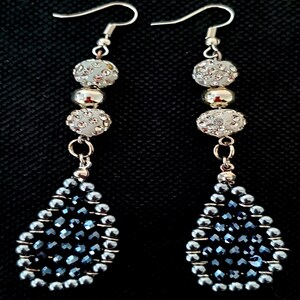 Teardrop Shaped Earrings, Earrings with Black Crystals, Sparkling Dangle Earrings, Sterling Silver Earrings, Silver and Crystals Earrings,