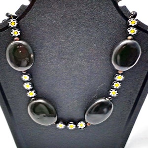 Beaded Necklace, Porcelain Necklace, Handmade Porcelain Necklace, Black Porcelain Jewelry, Flower Necklace, Gift for Her, Ceramic Necklace,