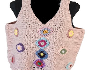 Handmade Summer/Fall Light Pink V-Neck Vest With Flower Patches