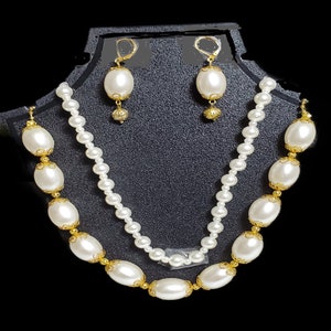 Pearl Jewelry Set, Wedding Jewelry Set, Two Layers Pearl Necklace and Earrings Set,  White Pearl Set, Pearl Necklace and Earring Set Gift,
