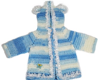 Hooded Baby Sweater, Crochet Baby Cardigan, Stripe Baby Sweater, Baby White and Blue Sweater, Hooded Baby Cardigan, Handmade Baby Sweater,