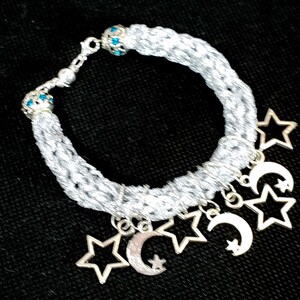 Charm Bracelet, Handmade Bracelet with Charms, Knitted Charm Bracelet, Silver Charms Bracelet, Moons and Stars Bracelet, Gift for her,