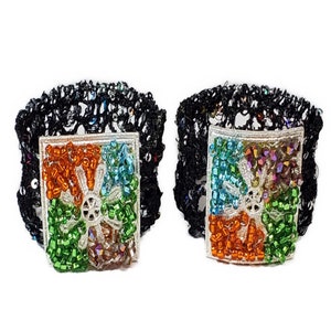 Beaded Cuff Bracelets, Bracelets with Metal Flowers Decorated with Seed Beads, Handmade Cuff Bracelets with Tiny Sequins, Gift For Her,