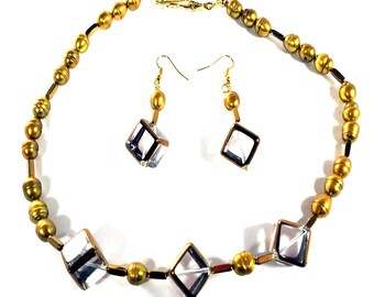 Handmade Gold Freshwater Pearl Jewelry Set: Glass Cubes, Hematite Gemstones