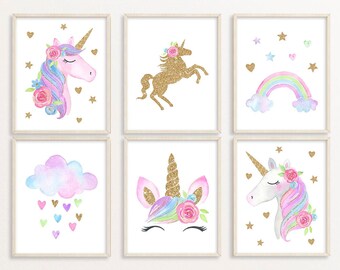 Unicorn Nursery Decor Posters Wall Art Prints Set Of 6 Printable Girls Kids Room Home Collection Cute Baby Over Crib Gift Gold Glitter Signs