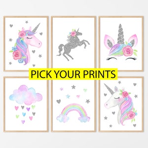 Unicornio Decoración Carteles Arte Mural Impresiones Set Imprimible Niños Niñas Dormitorio Bebé Sobre Cuna Linda Guardería Casa Colección Regalo Plata Purpurina Signos