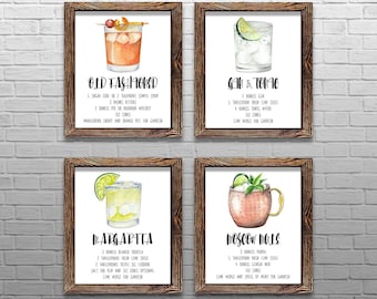 Bar Decor Posters Wall Art Prints Set Of 4 Printable Kitchen Alcohol Old Fashioned Whiskey Drink Cocktail Recipes Pub Signs Fathers Day Gift