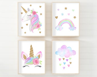 Unicorn Nursery Decor Posters Wall Art Prints Set Of 4 Printable Girls Kids Room Home Collection Cute Baby Over Crib Gift Gold Glitter Signs