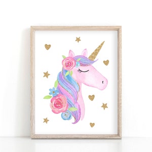 May include: A pink unicorn with a gold horn and blue and purple mane. The unicorn is surrounded by pink, blue, and green flowers. There are gold stars and hearts scattered around the unicorn.
