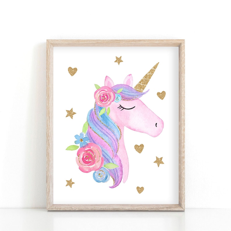 May include: A pink unicorn with a gold horn and blue and purple mane. The unicorn is surrounded by pink, blue, and green flowers. There are gold stars and hearts scattered around the unicorn.