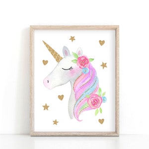 May include: A watercolor painting of a white unicorn with a pink, blue, and green mane and tail. The unicorn has a gold horn and is adorned with pink flowers. The background is white with gold stars and hearts.