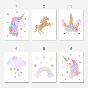 May include: Set of six printable unicorn illustrations. The illustrations feature a unicorn with a rainbow mane and tail, a unicorn with a gold glitter mane and tail, a unicorn with a pink and blue mane and tail, a unicorn with a pink and blue mane and tail, a rainbow with clouds, and a cloud with raindrops.