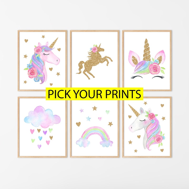 May include: Six printable wall art prints featuring unicorn illustrations. The prints include a unicorn with a rainbow mane, a unicorn with a pink mane, a unicorn with a blue mane, a unicorn with a gold mane, a rainbow and a cloud with raindrops.