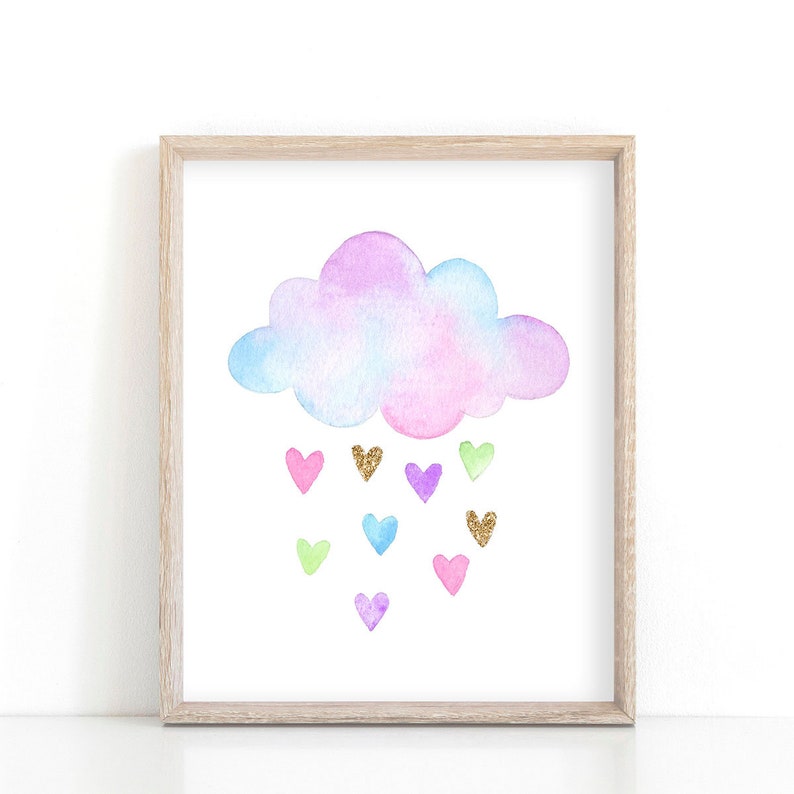 May include: A framed watercolor print of a pastel pink, blue, and purple cloud with a rain of colorful glitter hearts.