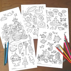 May include: Four black and white coloring pages featuring summer themes. The first page shows a boat sailing through waves. The second page shows a unicorn on a float, a flamingo, a surfboard, a donut, and other summer items. The third page shows a sandcastle, seashells, a crab, and other beach items. The fourth page shows an octopus, a seahorse, a turtle, and other sea creatures.