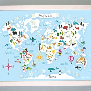 May include: A colorful illustrated world map with animals and landmarks. The map is on a light blue background with white snowflakes. The continents are outlined in white and the oceans are blue. The map includes the text "Map of the World" and "by Emily Showers".